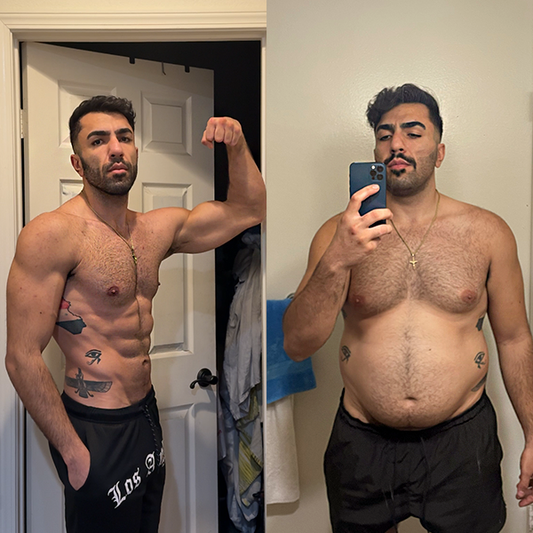 Before and after transformation of a man taking mirror selfies.